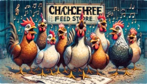 Farmer Cowboy A closeup, vivid and detailed illustration focusing on a segment of the previous scene the Chachere Feed Store Chicken Choir. This closeup highlights (2)