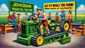 An illustrative scene at a John Deere store showcasing the new John Deere Treadmill Tractor. This unique piece of fitness equipment is a treadmill d