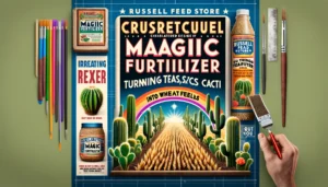 The packaging and advertising design for Russell Feed Store's Magic Fertilizer, celebrated for turning Texas cacti into whea (1)