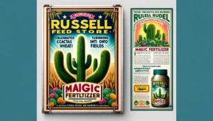 The packaging and advertising design for Russell Feed Store's Magic Fertilizer, celebrated for turning Texas cacti into whea (2)