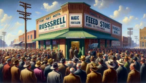 The scene outside the Russell Feed Store in Fort Worth, showing a crowd of curious onlookers. The image should capture the excitement and cur (1)