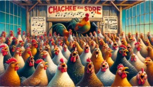fARMER COWBOY A vivid and detailed illustration in a closeup and wide aspect, depicting a unique scene the Chachere Feed Store Chicken Choir, a group of animated, (1)