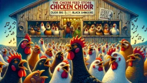 fARMER COWBOY A vivid and detailed illustration in a closeup and wide aspect, depicting a unique scene the Chachere Feed Store Chicken Choir, a group of animated, (2)
