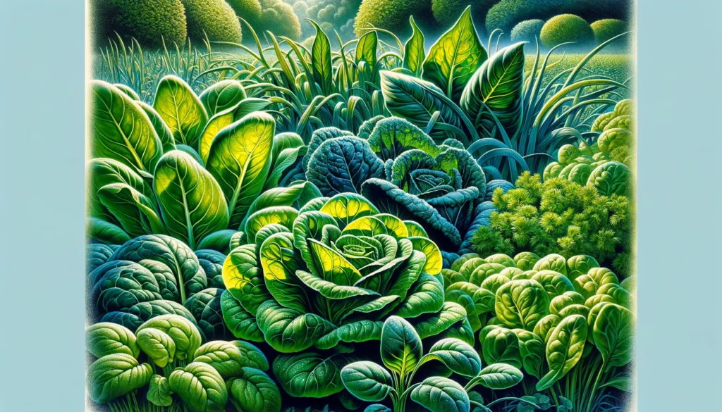 April Harvest - A vibrant and detailed illustrative scene in the style of Mad Magazine, featuring a variety of leafy greens like spinach and lettuce thriving in a coo7