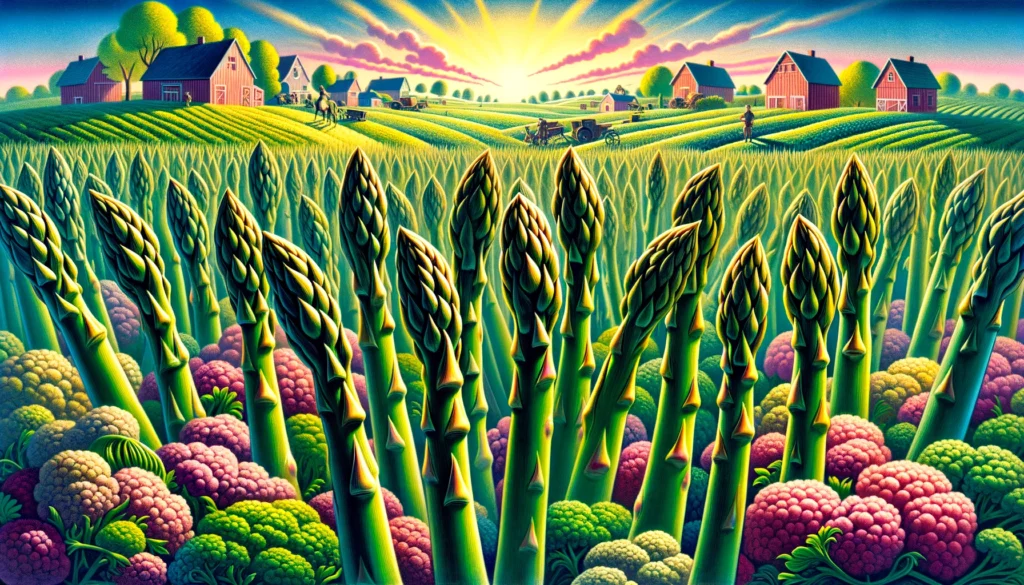 April Harvest - A vibrant and detailed illustrative scene in the style of Mad Magazine, showcasing asparagus as the focus. The image depicts a field of asparagus in t2