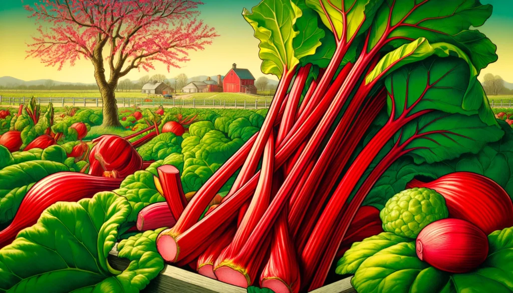 April Harvest - A vibrant and detailed illustrative scene in the style of Mad Magazine, showcasing rhubarb in a farm setting. The image focuses on a patch of rhubarb 6