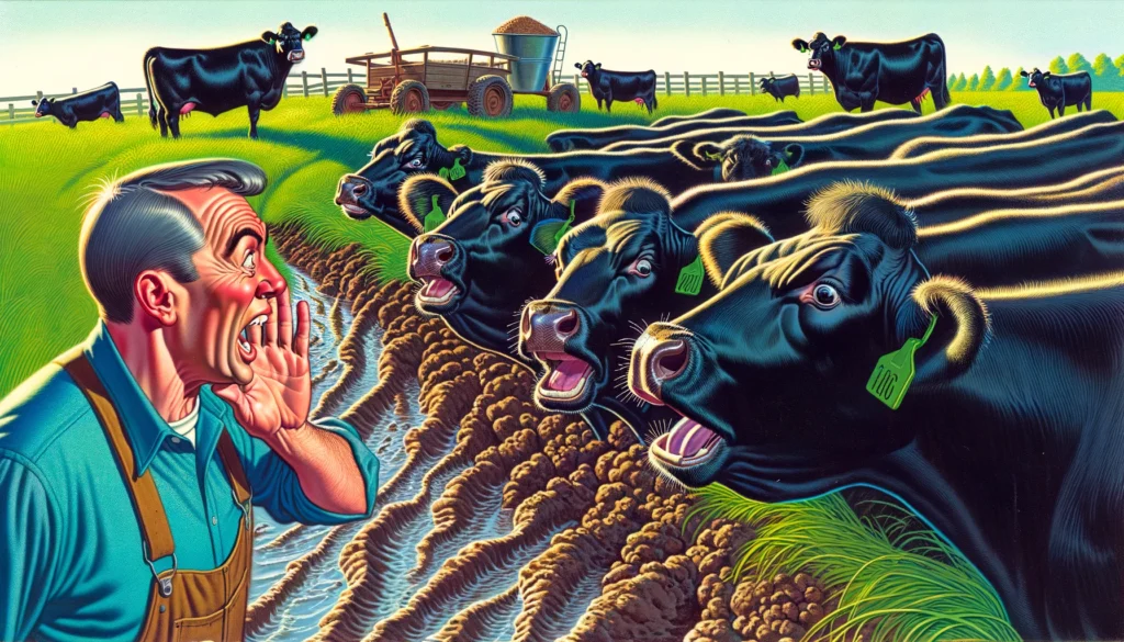 Black Angus - A vibrant and detailed close-up illustration in a contemporary Mad Magazine style. The scene humorously depicts the concept of 'selective hearing' in
