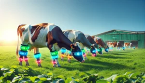 Cows have fitness trackers - A creative and futuristic farm scene where cows are equipped with fitness trackers. The image should depict a field with several cows, each wearing a (2)