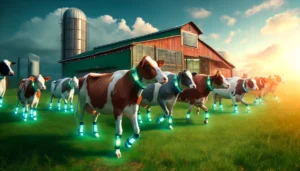 Cows have fitness trackers - A creative and futuristic farm scene where cows are equipped with fitness trackers. The image should depict a field with several cows, each wearing a (3)