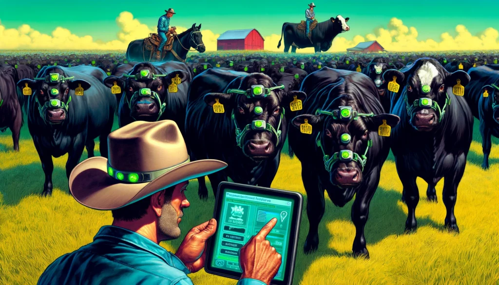 DALL·E 2024-04-26 09.23.39 - A vibrant and detailed close-up illustration in a contemporary Mad Magazine style, depicting the concept of precision livestock farming benefiting Ang