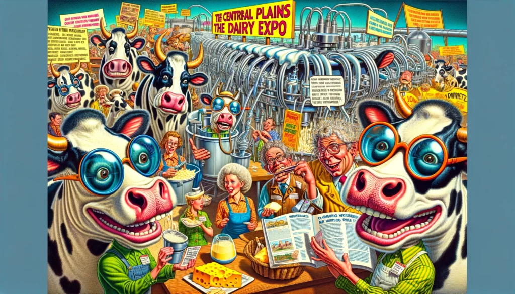 Dairy Farmer & Cowboy - A vibrant, detailed, satirical illustration in the style of Mad Magazine depicting the Central Plains Dairy Expo. The scene is a close-up, dynamic, an (2) Dairy Farmer & Cowboy - A vibrant, detailed, satirical illustration in the style of Mad Magazine depicting the Central Plains Dairy Expo. The scene is a close-up, dynamic, an (2)