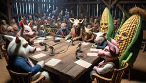 Diversity Statement - A close-up, highly detailed view of the political meeting scene in the barn, focusing on a group of farm animals and personified plants. The scene zoo (1) Diversity Statement - A close-up, highly detailed view of the political meeting scene in the barn, focusing on a group of farm animals and personified plants. The scene zoo (1)
