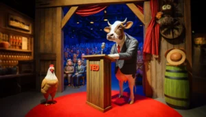 Ethics Policy and Satire - A vivid, highly detailed close-up scene focusing on the cow giving a TED Talk, set in a barn converted into a high-tech conference center. The cow, st (2)