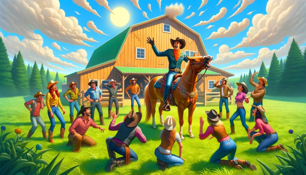 Farmer & Cowboy - A humorous and vibrant scene depicting a horse whispering workshop in a lush, green pasture. The workshop includes several participants in cowboy atti2 Farmer & Cowboy - A humorous and vibrant scene depicting a horse whispering workshop in a lush, green pasture. The workshop includes several participants in cowboy atti2