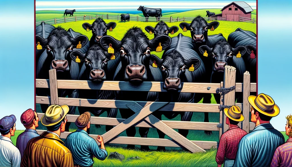 Farmer & Cowboy - A vibrant and detailed close-up illustration in a contemporary Mad Magazine style, depicting a humorous scene with Black Angus cattle. The image shows1