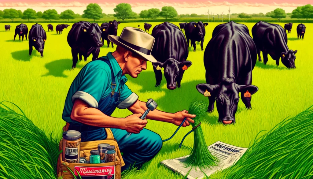 Farmer & Cowboy - A vibrant and detailed close-up illustration in a contemporary Mad Magazine style, depicting a scene of maximizing pasture management for healthier Bl3