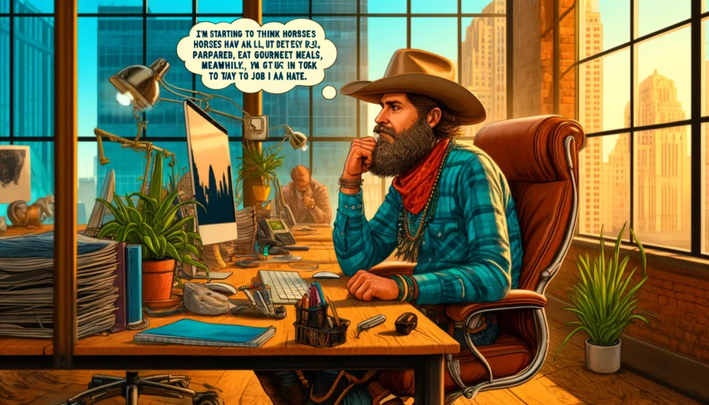 FarmerCowboy.com - USA 2024-04-28 04.03.36 - Create a vibrant and humorous illustration depicting an urban cowboy sitting at a desk in a modern office setting. The cowboy, dressed in tr2