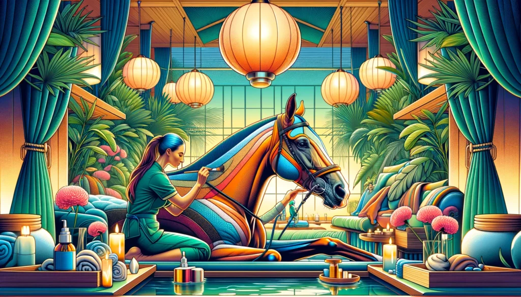 FarmerCowboy.com - USA 2024-04-28 04.14.21 - A vibrant and detailed illustration of equine therapy at a luxury spa, designed in a contemporary illustrative style. The scene features a c1