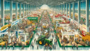 Four States Farm Show -- A detailed and vibrant illustration of the interior scene at the Four State Farm Show. The image should depict a large exhibition hall filled with 3 Four States Farm Show -- A detailed and vibrant illustration of the interior scene at the Four State Farm Show. The image should depict a large exhibition hall filled with 3