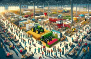 Four States Farm Show -- A detailed and vibrant illustration of the interior scene at the Four State Farm Show. The image should depict a large exhibition hall filled with 4 Four States Farm Show -- A detailed and vibrant illustration of the interior scene at the Four State Farm Show. The image should depict a large exhibition hall filled with 4