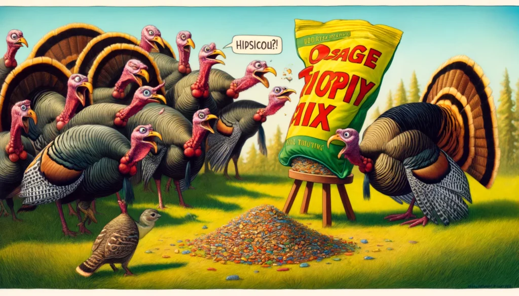 Osage Trophy Blend - A vibrant and detailed illustration in a contemporary Mad Magazine style, using a wide aspect. The scene humorously depicts wild turkeys expressing th8