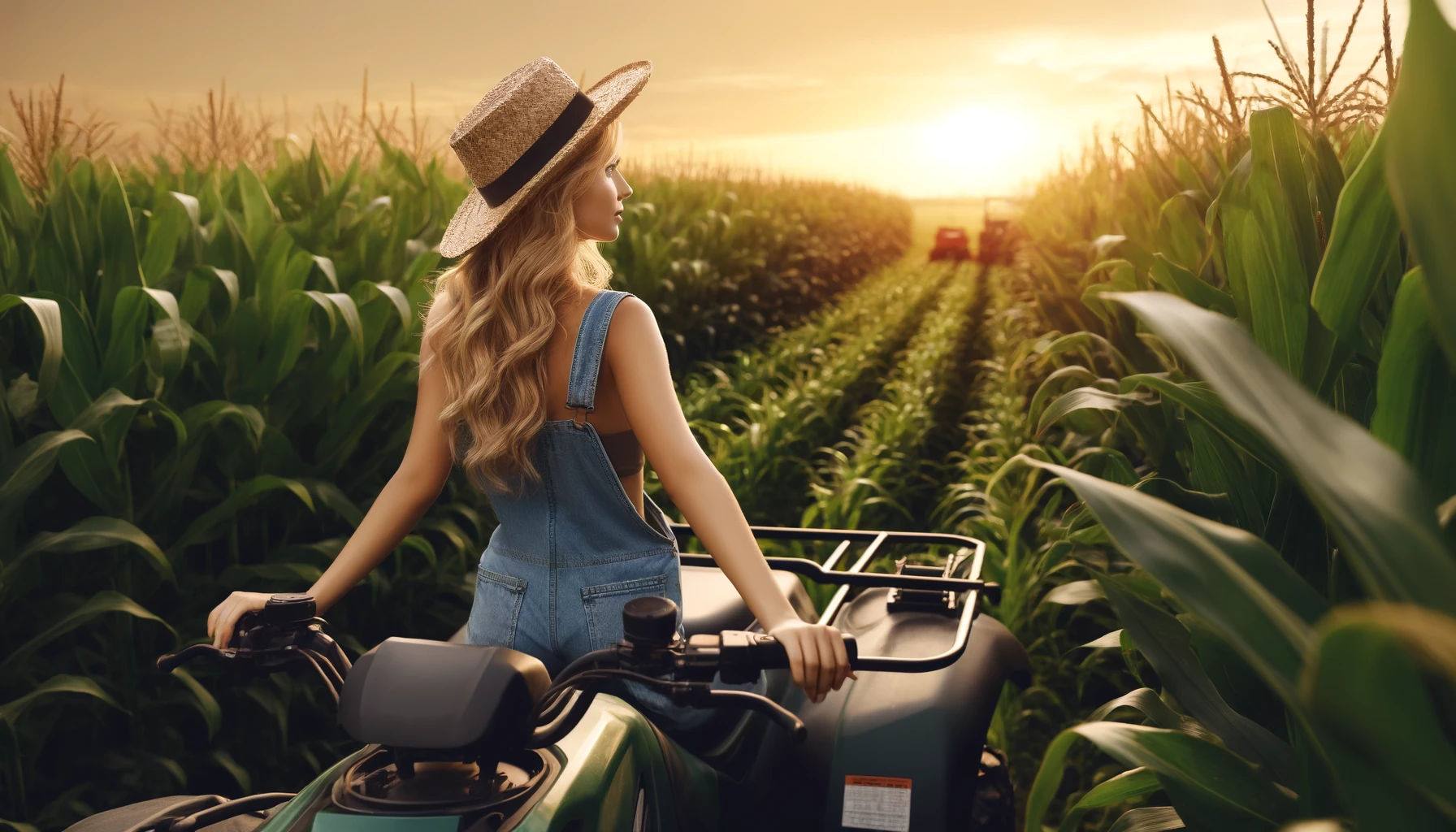 Corn Star -- farmer wearing overalls and a straw hat, riding an ATV and surveying the cornfield. She is looking over the rows o1839 Corn Star -- farmer wearing overalls and a straw hat, riding an ATV and surveying the cornfield. She is looking over the rows o1839