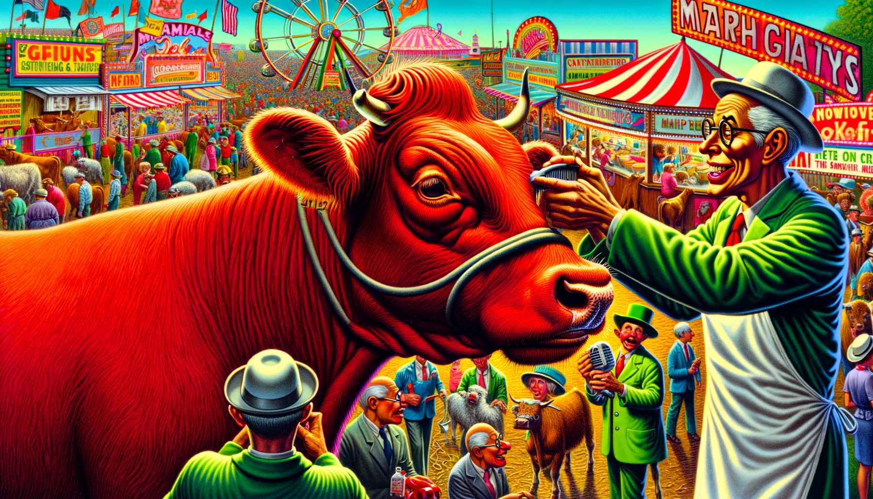 Santa Gertrudis -- A close-up, detailed and vivid satirical illustration in the style of Mad Magazine of a Santa Gertrudis cattle being groomed before a cattle 8 Santa Gertrudis -- A close-up, detailed and vivid satirical illustration in the style of Mad Magazine of a Santa Gertrudis cattle being groomed before a cattle 8