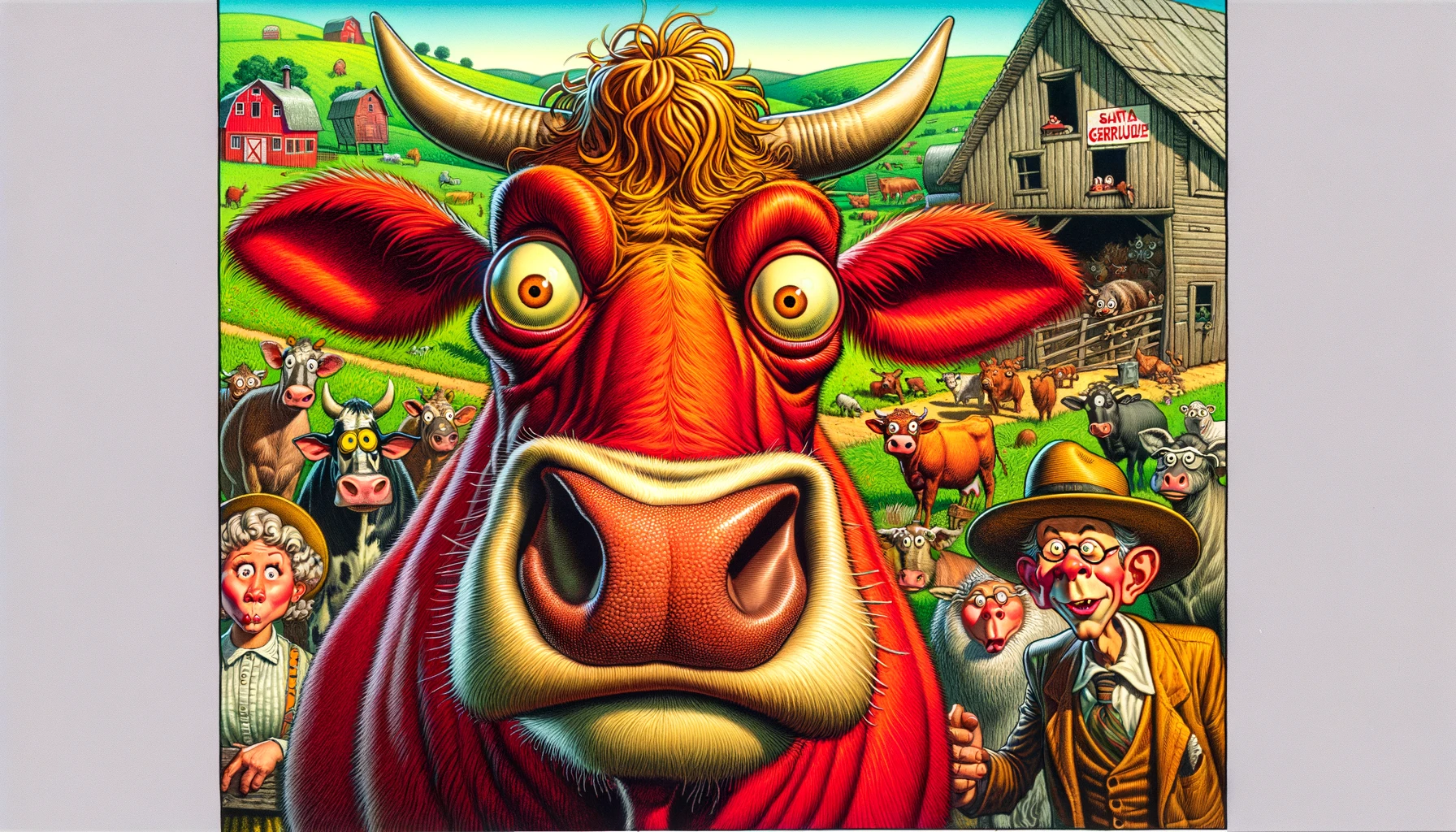 Santa Gertrudis -- A close-up, detailed and vivid satirical illustration in the style of Mad Magazine of a Santa Gertrudis cattle. The cattle is solid red witho4 Santa Gertrudis -- A close-up, detailed and vivid satirical illustration in the style of Mad Magazine of a Santa Gertrudis cattle. The cattle is solid red witho4
