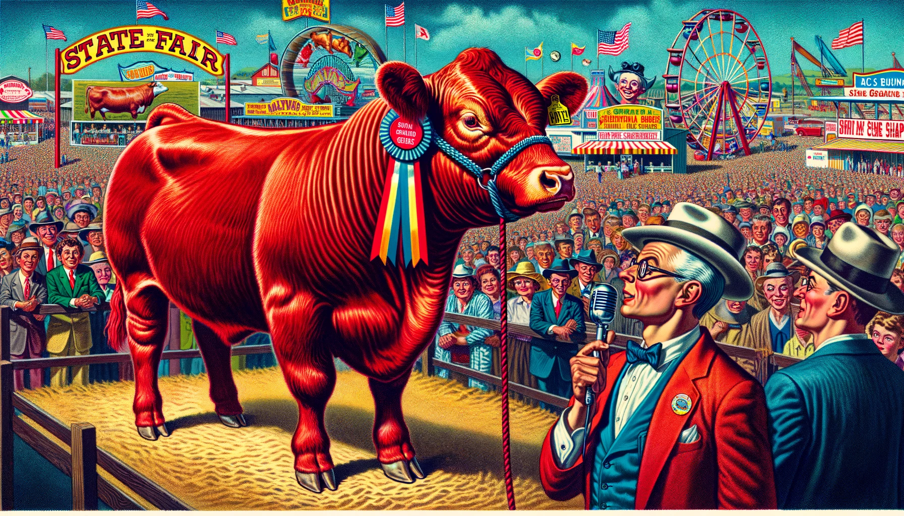 Santa Gertrudis -- A close-up, detailed and vivid satirical illustration in the style of Mad Magazine showing a Santa Gertrudis cattle being exhibited at a stat5 Santa Gertrudis -- A close-up, detailed and vivid satirical illustration in the style of Mad Magazine showing a Santa Gertrudis cattle being exhibited at a stat5