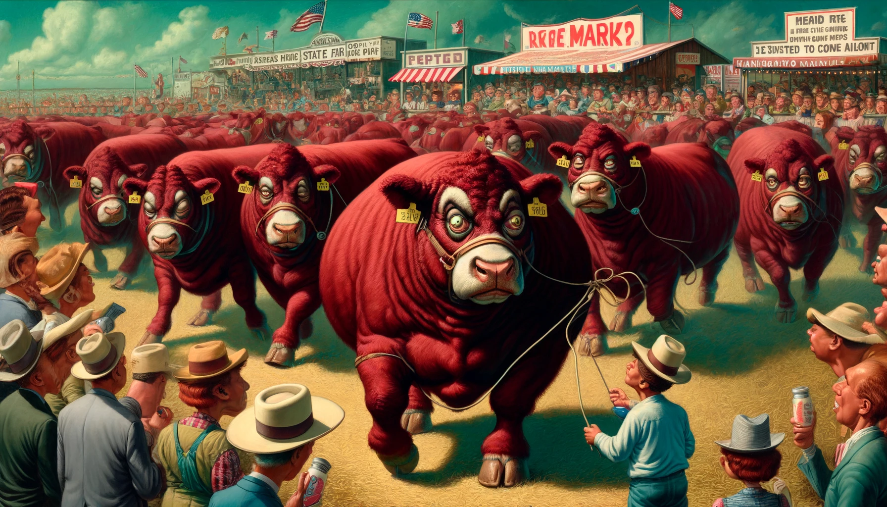 Santa Gertrudis Cattle - A satirical close-up illustration in the style of Mad Magazine featuring dark red, solid red Santa Gertrudis cattle being led around a show ring at a (2) Santa Gertrudis Cattle - A satirical close-up illustration in the style of Mad Magazine featuring dark red, solid red Santa Gertrudis cattle being led around a show ring at a (2)