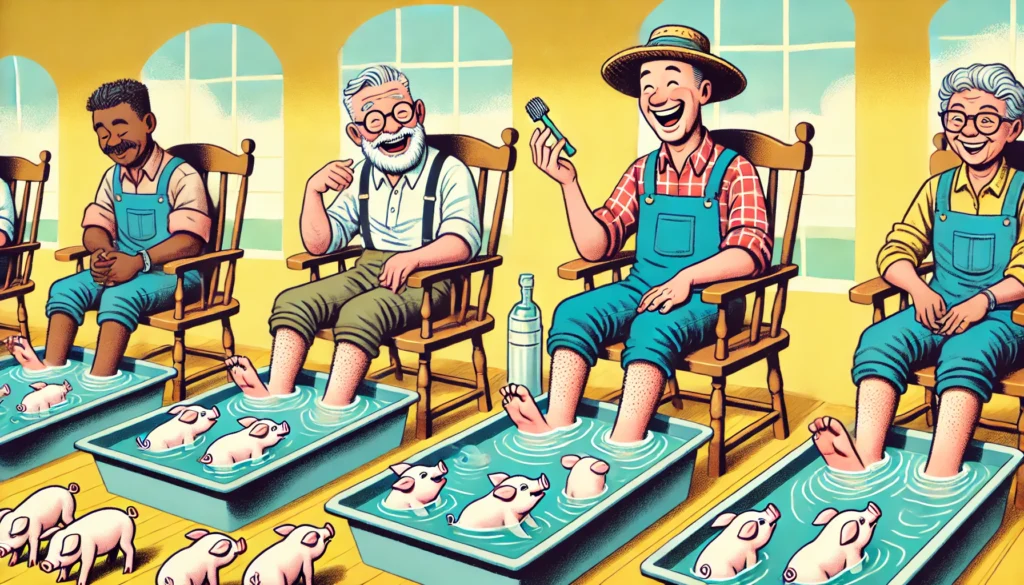 A humorous illustration titled 'Piggy Pedicures at the Cooperative Spa.' The scene shows farmers sitting in chairs with their feet dipped into troughs