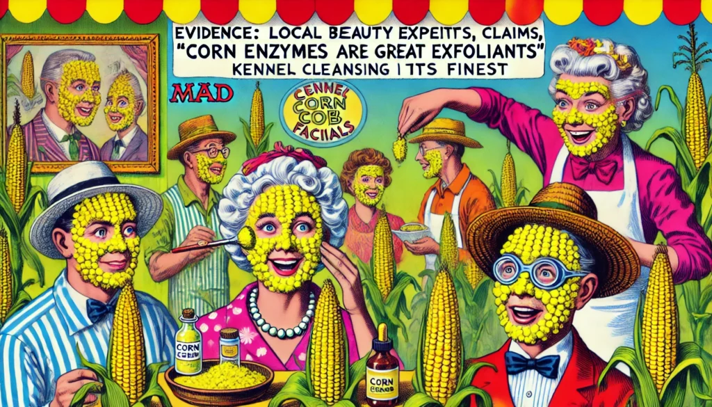 Farmer & Cowboy - A satirical, vivid, and detailed wide-aspect illustration in the style of Mad Magazine featuring Corn Cob Facials Kernel Cleansing at its Fin3