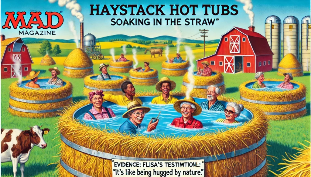 Farmer & Cowboy - A satirical, vivid, and detailed wide-aspect illustration in the style of Mad Magazine featuring Haystack Hot Tubs Soaking in the Straw. The 5