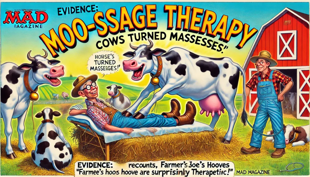 Farmer & Cowboy - A satirical, vivid, and detailed wide-aspect illustration in the style of Mad Magazine featuring Moo-ssage Therapy Cows Turned Masseuses. The2