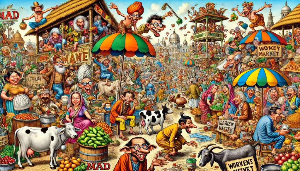 Farmer & Cowboy - A satirical, vivid, and detailed wide-aspect illustration in the style of Mad Magazine featuring a humorous scene with exaggerated, comical el3