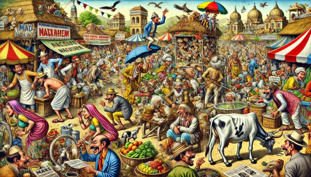 Farmer & Cowboy - A satirical, vivid, and detailed wide-aspect illustration in the style of Mad Magazine featuring a humorous scene with exaggerated, comical el4