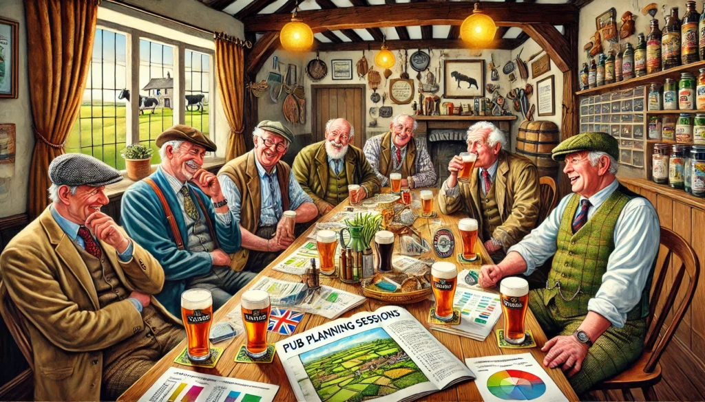 Farming in the UK - A satirical illustration of farmers in the UK titled 'Pub Planning Sessions.' The scene is set in a cozy local pub with farmers sitting around1