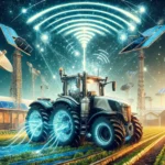 Tesla Electric Tractor - Detailed and vivid concept art of an electric tractor being charged by microwave signals from company satellites. Show the futuristic electric tractor (2)