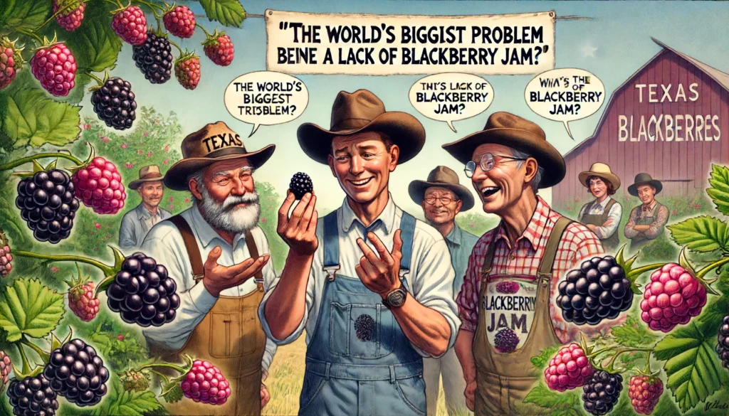 Texas Blackberry Farmers - Wide-aspect illustration of Texas farmers talking about blackberries as if they are priceless treasures. One farmer is holding up a blackberry1
