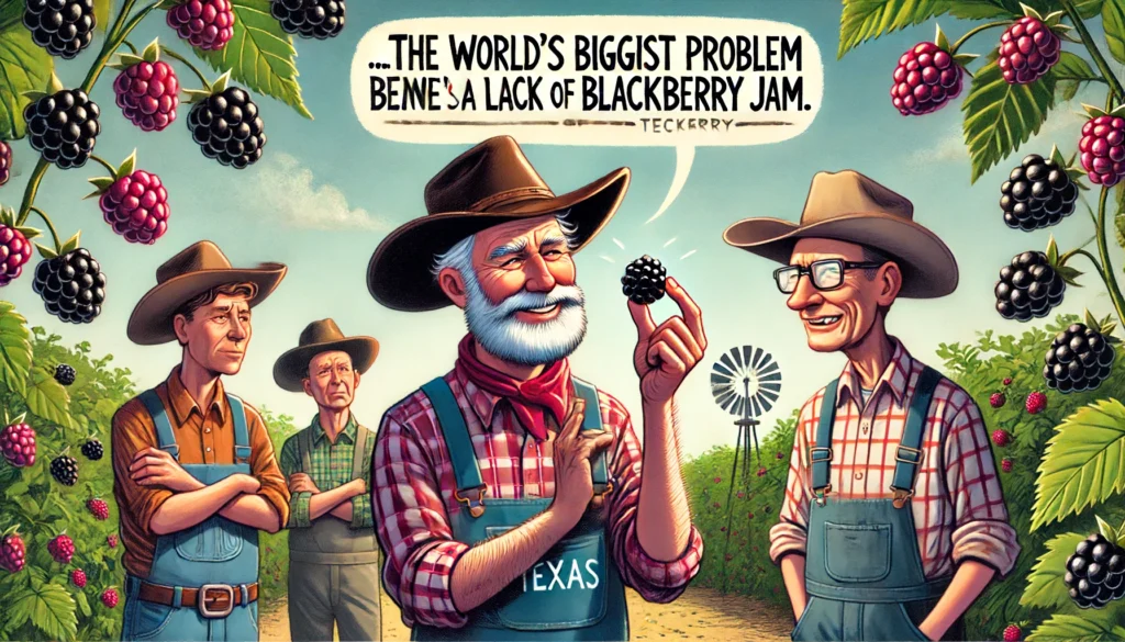 Texas Blackberry Farmers - Wide-aspect illustration of Texas farmers talking about blackberries as if they are priceless treasures. One farmer is holding up a blackberry2