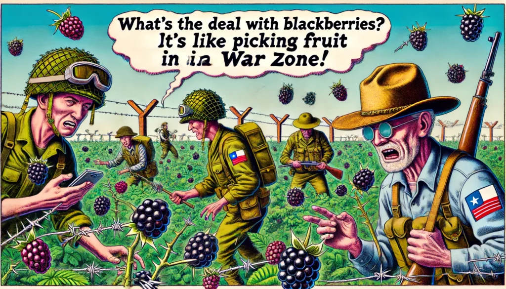 Texas Blackberry Farmers - vivid wide-aspect illustration in a cartoonish, humorous style . 1