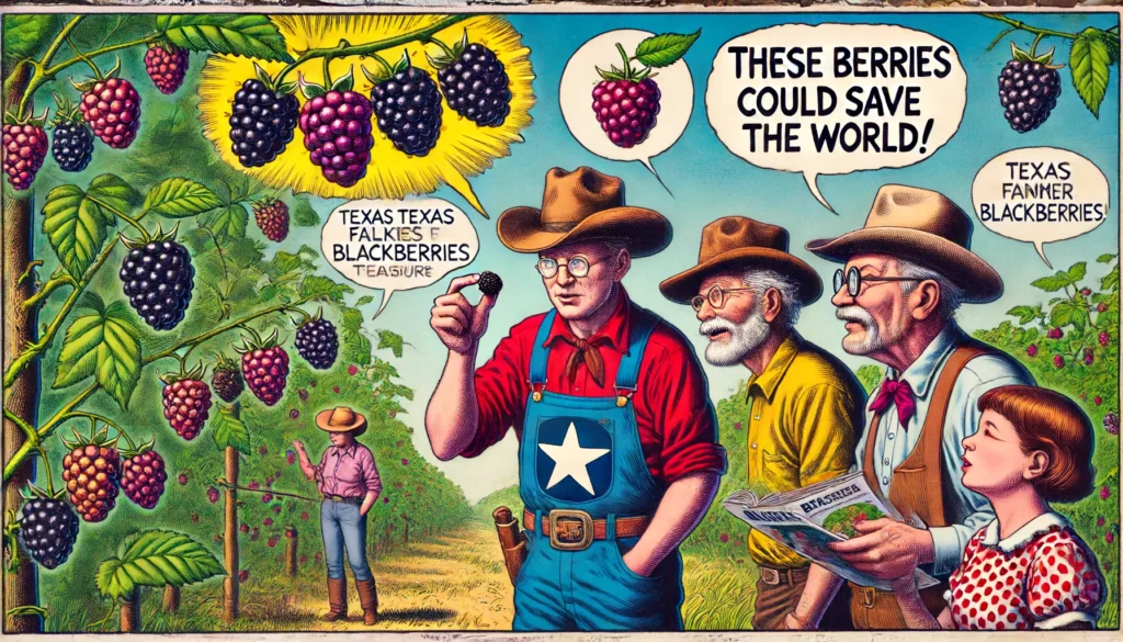 Texas Blackberry Farmers - vivid wide-aspect illustration in a cartoonish, humorous style . 4