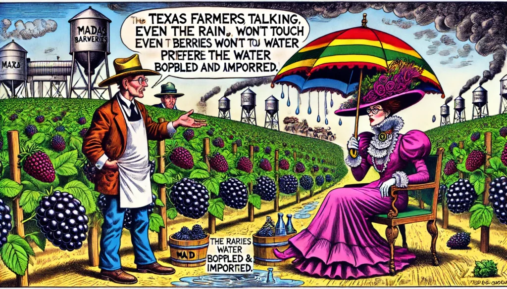 Texas Blackberry Farmers - vivid wide-aspect illustration in a cartoonish, humorous style . 6