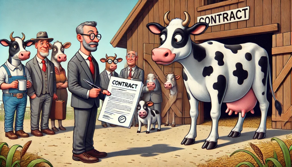 A humorous scene of Bessie the cow receiving a brand endorsement offer from a representative holding a contract. Bessie stands in front of a barn, loo