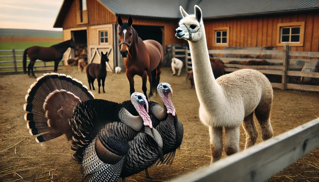 A pair of turkeys strutting around a farmyard, looking aggressive and territorial. Nearby, an alpaca with an alert expression is standing tall, its lo (2) A pair of turkeys strutting around a farmyard, looking aggressive and territorial. Nearby, an alpaca with an alert expression is standing tall, its lo (2)