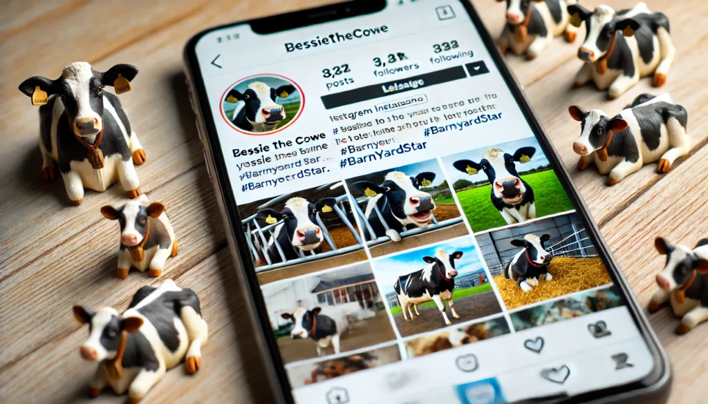 A social media feed on a phone screen with Bessie the cow's Instagram account. The feed shows posts of Bessie in various poses around the farm, with h