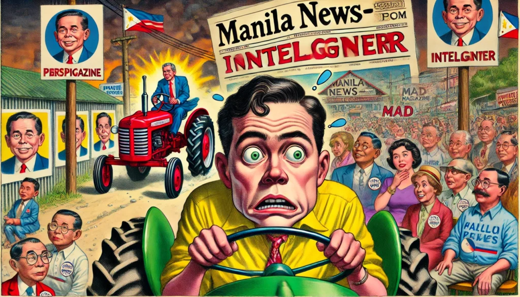 Farm News -- A satirical, vivid, and detailed close-up image in the style of Mad Magazine of a political candidate suddenly appearing in a tractor during campaign