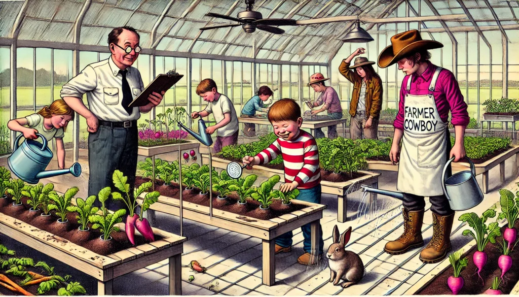Farmer & Cowboy - A greenhouse transformed into a detention center. Students are tending to plants and vegetables as part of their punishment. A teacher supervises, hol