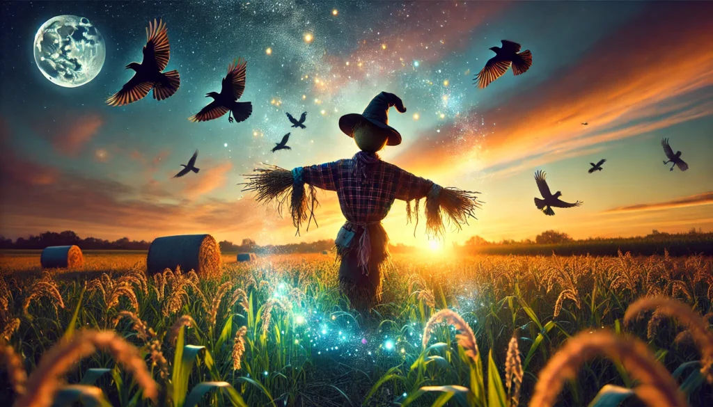 Farmer & Cowboy - A lively scarecrow standing in the middle of a field at dusk, with a magical glow surrounding it. The scarecrow appears to be moving slightly, with cr