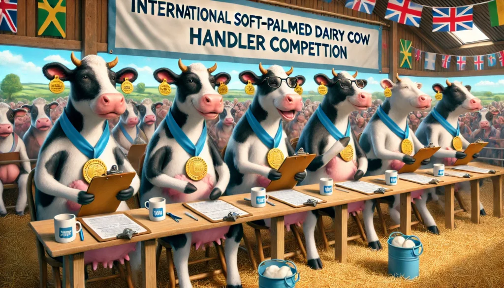 Farmer & Cowboy -- A panel of dairy cows sitting in a line, wearing medals around their necks, acting as judges in the competition. They look content and happy, with cli (1)